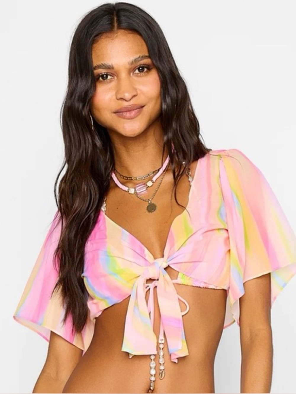 BEACH BUNNY COLORFUL TIE FRONT CROP TOP COVERUP NWT SMALL